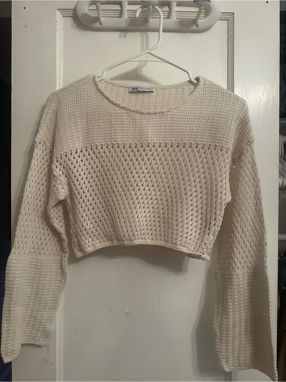 Zara Cream Open-Knit Cropped Sweater